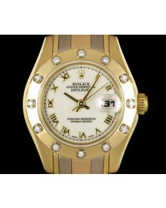 Rolex Pearlmaster Datejust Women's 18k Tridor Gold White Dial Diamond Set 69318