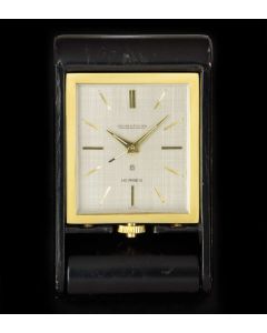 Jaeger LeCoultre 8 Day Travel Alarm Clock Vintage Gold Plated Double Name Hermes