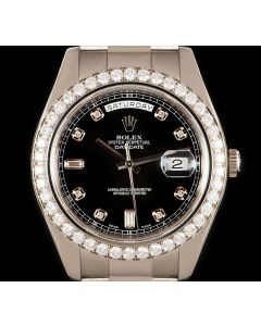 Rolex Day-Date II Men's 18k White Gold Black Dial Diamond Set 218349