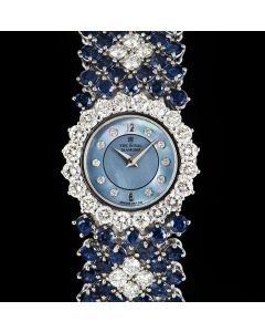 The Royal Diamond Cocktail Ladies 18k White Gold Blue Mother of Pearl Dial Sapphire & Diamond Set 