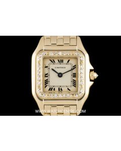Cartier 18k Yellow Gold Cream Roman Dial Diamond Bezel Panthere Ladies Wristwatch