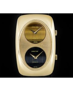 Chopard Dual Time Vintage Gents 18k Yellow Gold Double Name Laykin Et Cie Tigers Eye & Hawks Eye Dial