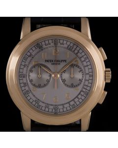 Patek Philippe 18k Rose Gold Silver Arabic Dial Chronograph Gents B&P 5070R