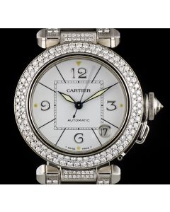 Cartier 18k White Gold White Dial Fully Loaded Diamond Set Pasha Ladies Wristwatch