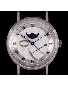 Breguet Classique Moonphase Power Reserve Gents 18k White Gold Silver Guilloche Dial B&P 7787BB/12/9V6