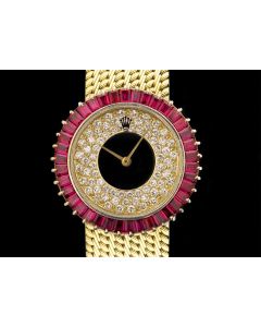 Rolex Rare Unworn Cellini NOS Women's 18k Yellow Gold Pave Diamond Dial Ruby Set 2671