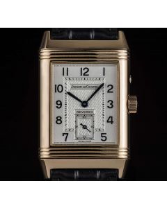 Jaeger LeCoultre Day & Night Reverso Dual Time Gents 18k Rose Gold Silver Day Dial & Brown Night Dial