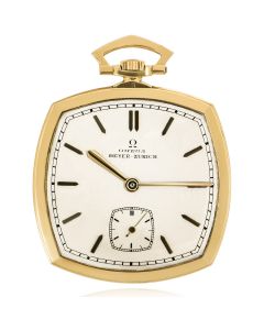 Omega Rare 18ct Yellow Gold Double Signed Dial Square Open Face Pocket Watch