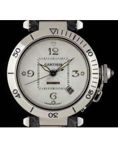 Cartier 18k White Gold Silver Guilloche Dial Pasha Gents Wristwatch B&P