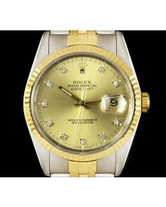 Rolex Unworn Datejust NOS Men's Stainless Steel & 18k Yellow Gold Champagne Diamond Dial B&P 16233