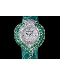Audemars Piguet Unworn Dress Watch NOS Ladies 18k White Gold Pave Diamond Dial Emerald & Diamond Set MTA003095.00.66706BC