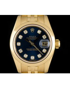 Rolex 18k Yellow Gold Blue Diamond Dial Datejust Women's 179168