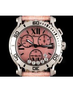 Chopard Happy Sport Chronograph Ladies Stainless Steel Pink Mother of Pearl Dial B&P 288499-3012