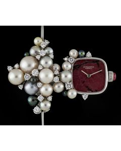 IWC 18k White Gold Rare Agate Stone Dial Pearl & Diamond Set Bangle Watch