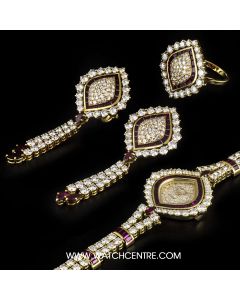DeLaneau 18k Yellow Gold Diamond & Ruby Set Ladies Watch & Jewellery Suite G233