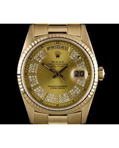 Rolex 18k Yellow Gold Rare Champagne Myriad Diamond Dial Day-Date B&P 18238