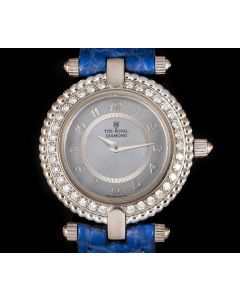 The Royal Diamond Women's Dress Watch 18k White Gold Blue Mother of Pearl Dial Diamond Bezel BA 112