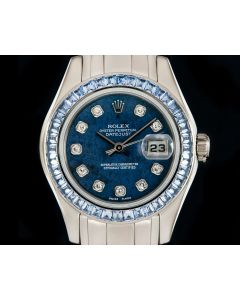 Rolex Pearlmaster Datejust Women's 18k White Gold Sodalite Diamond Dial Sapphire Set Bezel 80309