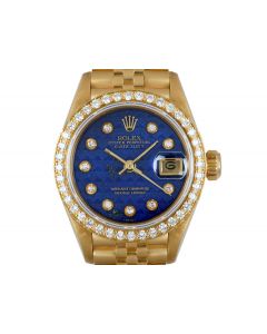 Rolex Datejust Women's 18k Yellow Gold Rare Lapis Lazuli Pyramid Dial Diamond Set B&P 69138