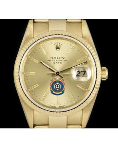 Rolex Date Gents 18k Yellow Gold Champagne UAE Air Force & Air Defence Logo Dial 15238