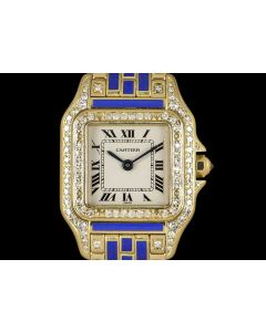 Cartier Rare Panthere Women's 18k Yellow Gold Silver Dial Enamel & Diamond Set