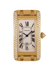 Cartier Tank Americaine Mid-Size 18k Yellow Gold Silver Guilloche Dial Diamond Set WB7043JQ