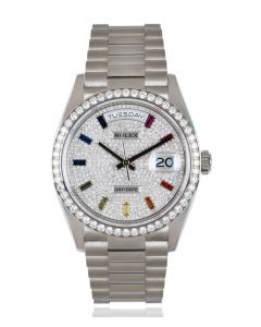 Rolex Day-Date 36 White Gold Diamond-Paved Rainbow Sapphire Dial Diamond Bezel B&P 128349RBR