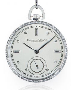 IWC. A Platinum Diamond Set keyless Lever Open Face Pocket Watch with matching Diamond Set Fob C1940s