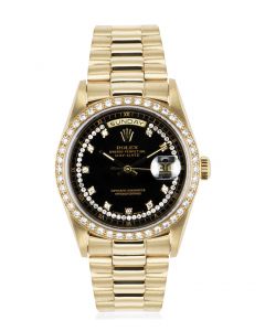 Rolex Day-Date Yellow Gold String Dial Diamond Bezel 18348