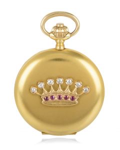 18ct Yellow Gold Full Hunter Keyless Wind Lever Pocket Watch with a Crown Motif set with Diamonds and Rubies C1890's