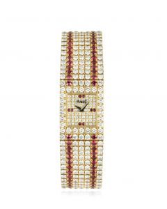 Piaget Fully Loaded Vintage Women's 18k Yellow Gold Pave Diamond Dial Diamond & Ruby Set 15301