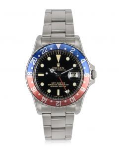 Rolex GMT-Master Vintage Men's Stainless Steel Black Gilt Dial Pepsi Bezel Pointed Crown Guard 1675