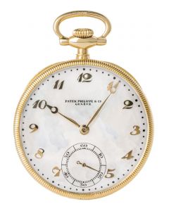 Patek Philippe Very Rare Yellow Gold Mother of Pearl Dial Keyless Lever Open Face Pocket Watch 1925