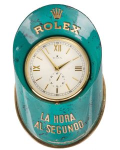 Rolex. A Gilt Brass Painted Horseshoe-Shaped Desk Clock, La Hora Al Secundo with Original Wooden Presentation Box C1960. 