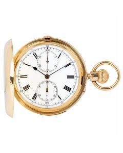 English Minute Repeater Chronograph Yellow Gold Keyless Lever Full Hunter Pocket Watch C1898