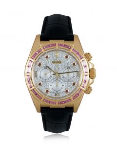 Rolex Zenith Movement Cosmograph Daytona Yellow Gold Pave Diamond & Ruby Dial Sapphire Set 16588SARO