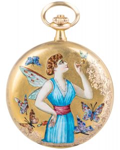 L Aiglon. An Enamel Yellow Gold Keyless Lever Full Hunter Pocket Watch C1900s