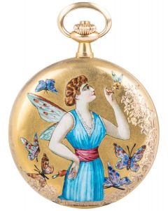 L Aiglon. An Enamel Yellow Gold Keyless Lever Full Hunter Pocket Watch C1890s