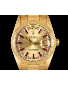 Rolex Very Rare Day-Date Men's 18k Yellow Gold Champagne Diamond & Ruby Baguette String Dial 18038