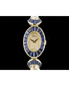 DeLaneau 18k Yellow Gold Sapphire Set Case Pearl Bracelet Ladies Cocktail Wristwatch 