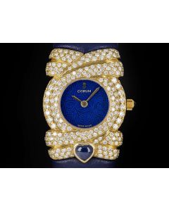 Corum Unworn Diamond Set Dress Watch Ladies NOS 18k Yellow Gold Blue Dial 24.412.56