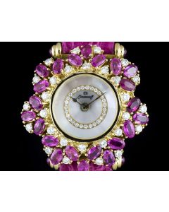 Moussaieff Feuillage Ladies Dresswatch 18k Yellow Gold Diamond & Pink Sapphire Set Mother Of Pearl Dial