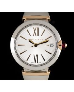 Bvlgari Lvcea Ladies Stainless Steel & 18k Rose Gold Silver Opaline Dial B&P 102197 LU33C6SSPGD