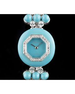 DeLaneau 18k White Gold & Turquoise Diamond Set Bezel Ladies Cocktail Wristwatch