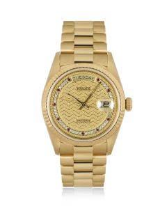 Rolex 18k Yellow Gold Very Rare Decorated Diamond & Ruby String Dial Day-Date B&P 18038