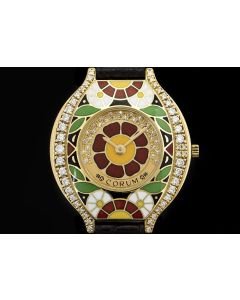Corum Diamond & Enamel Set Ladies Wristwatch 18k Yellow Gold Red Floral Motif 24.115.65