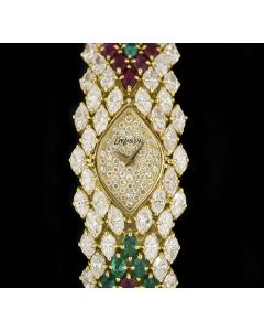 DeLaneau Cocktail Ladies 18k Yellow Gold Pave Diamond Dial Diamond Ruby & Emerald Set 