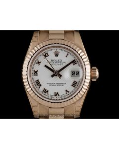 Rolex 18k Rose Gold Unworn White Roman Dial Datejust Ladies Watch B&P 179175