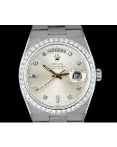Rolex Rare Oysterquartz Day-Date Men's 18k White Gold Silver Dial Diamond Set 19049