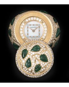 DeLaneau Limited Edition Ring Watch 18k Rose Gold White Mother of Pearl Dial Diamond & Emerald Set